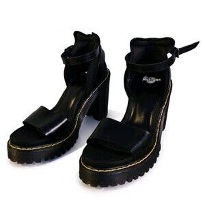 Dr. Martens Black Leather Platform Sandals Heeled Ankle Strap US 8 Chunky Lug